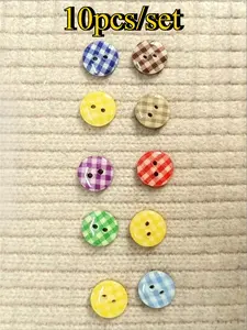 10pcs Korean Style Colorful Plaid Resin Buttons, Two-Hole Round Universal Shirt Sweater Cardigan DIY Hand Sewing Buttons, Random Colors