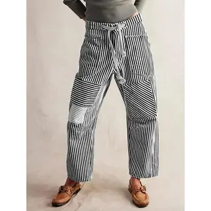 Women’s mid-rise fashionable commuter casual lightweight and loose wide-leg striped patch drawstring pocket pants, comfortable pants, suitable for daily wear GARMENTARY
