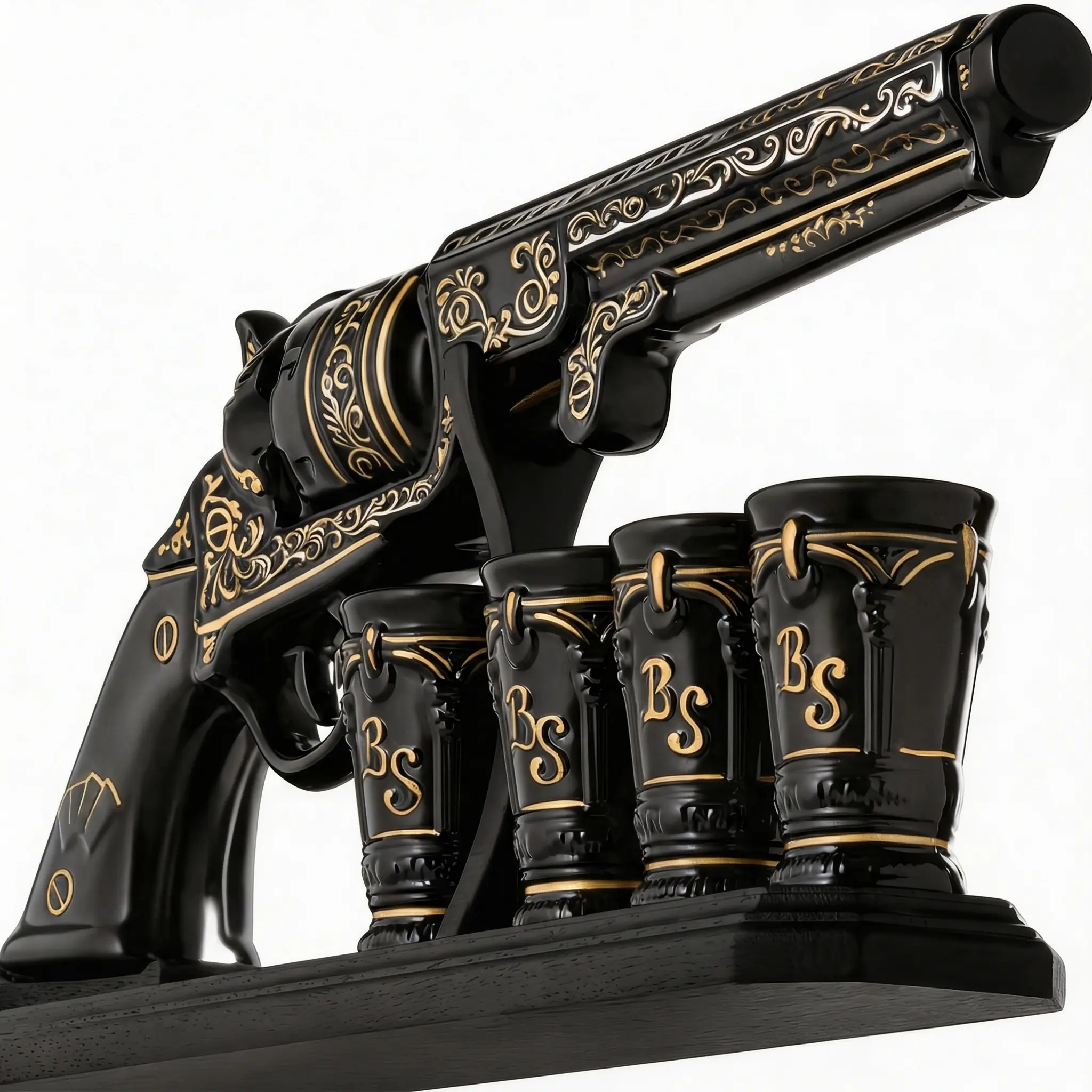 MERCURY CERAMIC Gun Shaped Whiskey Decanter Set 18 Oz with 3 Bullet Shot Glasses and Wooden Stand – Handmade Tequila Bottle, Liquor Dispenser for Home Bar Decor – Unique Elegant Birthday Gift for Dad Men Boyfriend Husband - Regalos para Papa Hombre Amigo