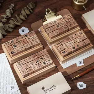 1 set 18-Piece Birch Wood Stamp Set, DIY Handmade Journal Decorative Stamps, Wooden Box Packaging, Daily Life Stationery Supplies