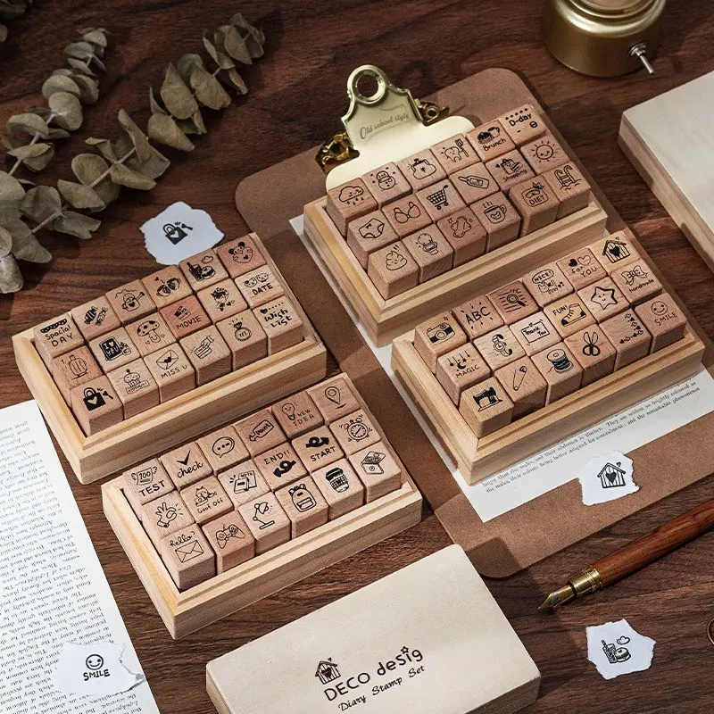 1 set 18-Piece Birch Wood Stamp Set, DIY Handmade Journal Decorative Stamps, Wooden Box Packaging, Daily Life Stationery Supplies, Handmade Crafts