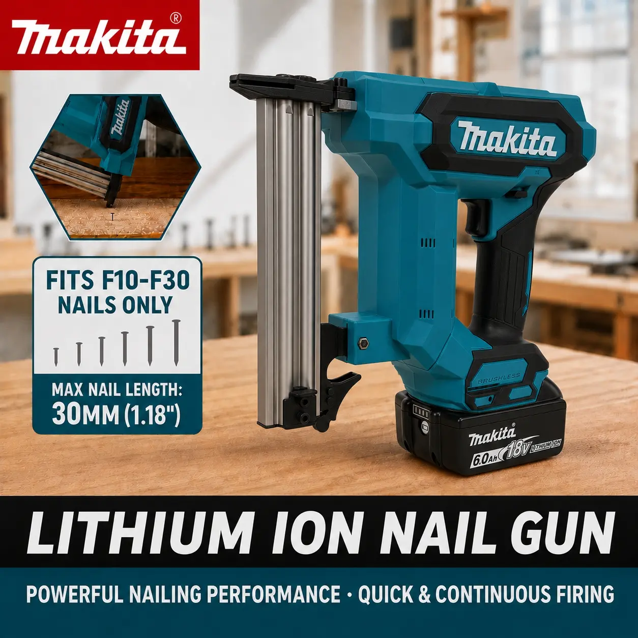 Makita F30 Brushless Cordless Nail Gun,suitable for 1.18’‘ inch straight nails,, Ideal for Flooring, Shelving & DIY Wood Projects