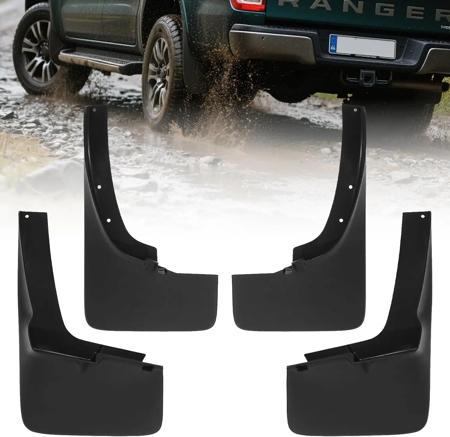 4-Piece Heavy Duty ABS Plastic Mud Flaps for 2019-2023 Ford Ranger, Front & Rear Splash Guards with Body Shielding, OEM Look, No-Drill Easy Installation to Block Road Debris