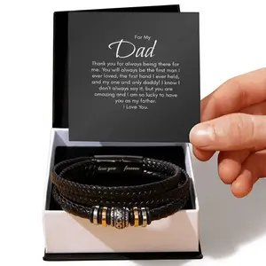 Bohemian style father bracelet gift - exclusive for Father's Day, birthday, Christmas, imitation leather black and gold jewelry with a heart card and box - a precious souvenir from daughter to dad