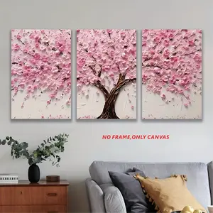 3-Piece Set, Visual Art Decor, Pink Tree Canvas Wall Art, Pink-Gray Room Decor, Cherry Blossom Pattern Wall Art, Modern Art, Hanging Living Room Wall Decor, Frameless Canvas Print, 2D Flat, Unframed Art Print