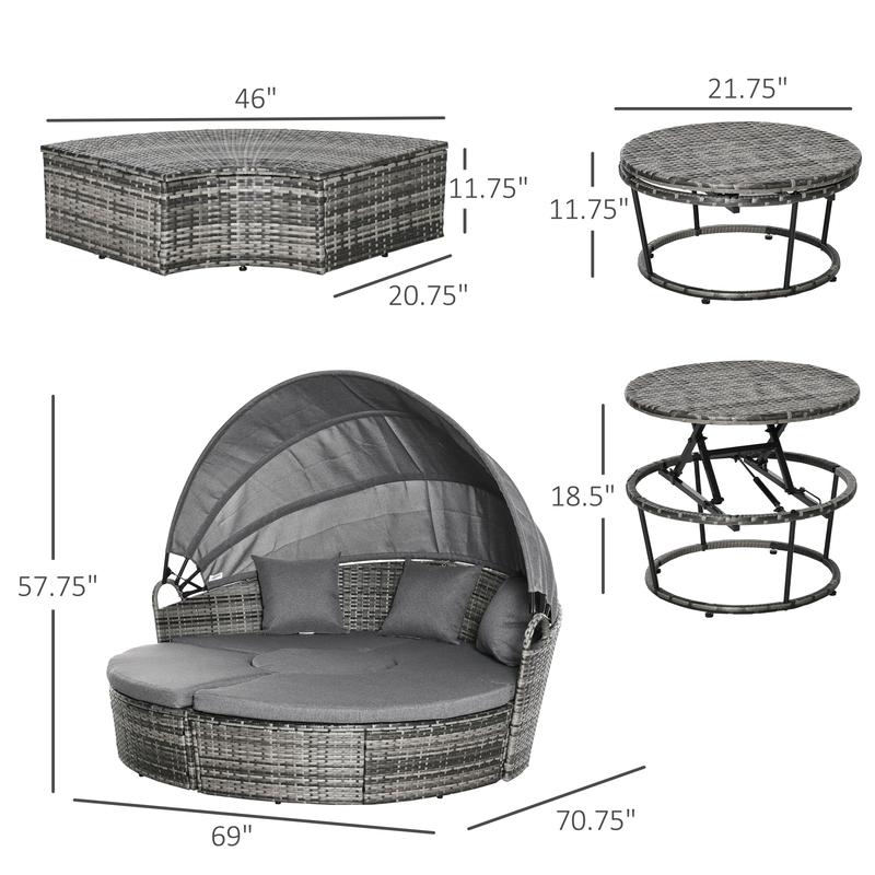 4 Piece Round Rattan Daybed Convertible Patio Furniture Set with Adjustable Sun Canopy Sectional Outdoor Sofa 2 Chairs Extending Tea Table Ottoman Chair 3 Pillows Gray