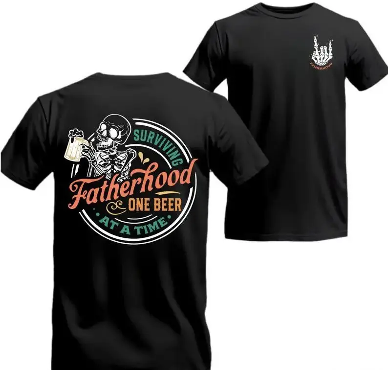 TikTok Shop Deals “Surviving Fatherhood” skeleton beer graphic T-shirt (viral), summer outfit, funny dad unisex printed top