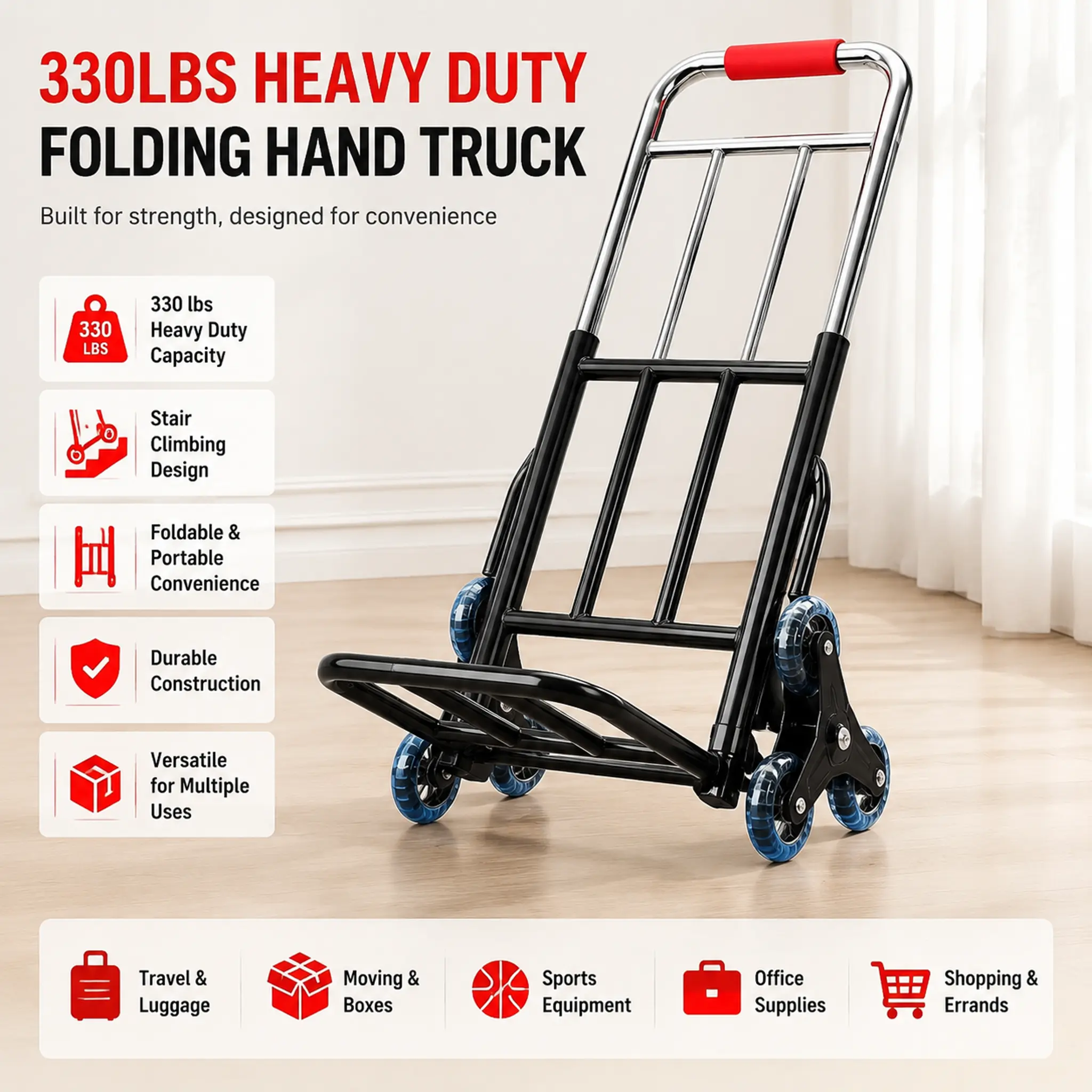 littleox 6-Wheel Stair Climbing Folding Hand Truck Dolly Cart, Compact Triangular Design Heavy Duty Metal Frame Portable Handcart, Multi-Purpose Foldable Mobile Trolley for Indoor Outdoor Moving Shopping Warehouse Use|With elastic bands