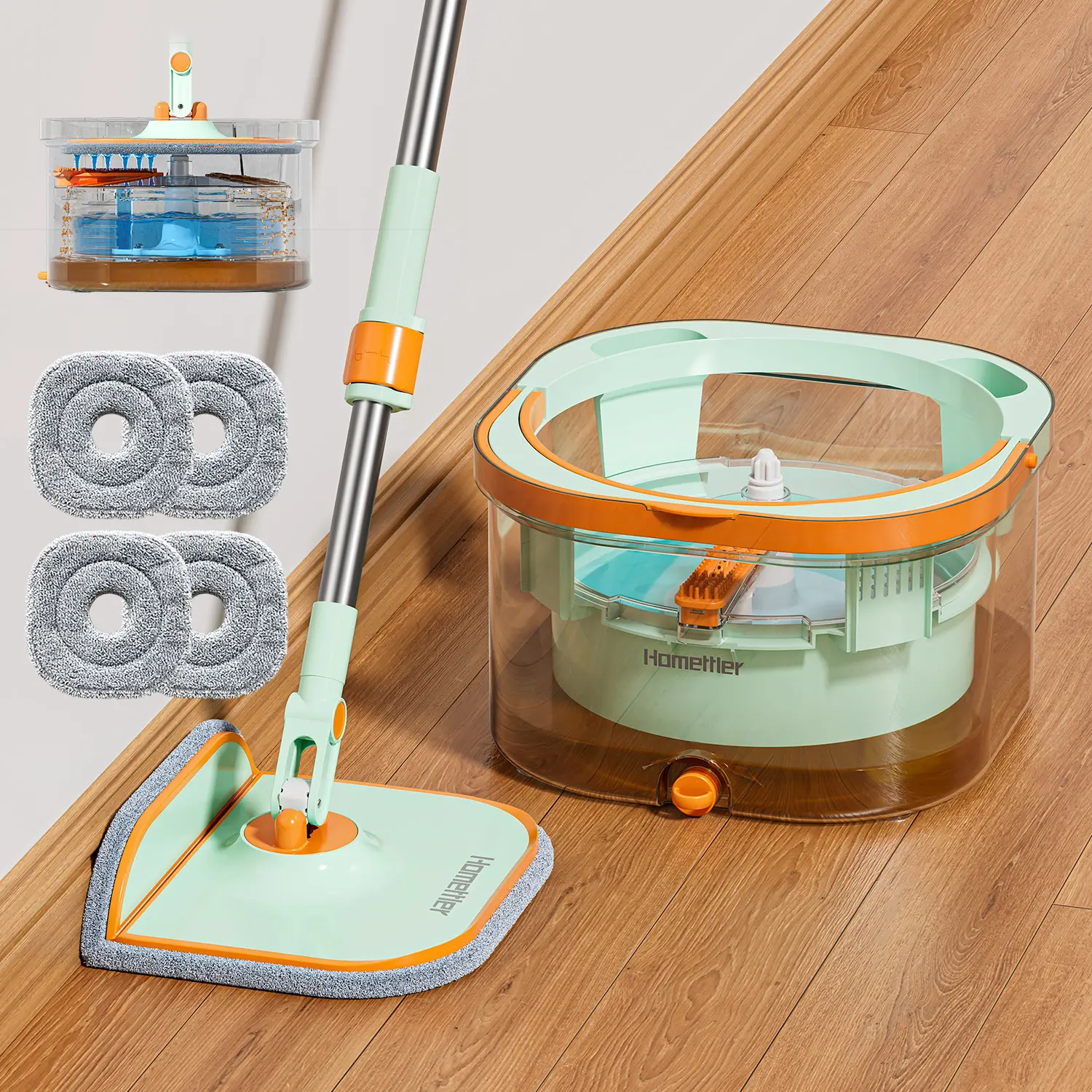 HoMettler Transparent Spin Mop and Bucket Set, Dual-Tank Clean-Dirty Water Separation, 4 Microfiber Pads for Deep Floor Cleaning, Triangular Head for Wall Cleaning hard dirtymop 360 cleaner bathroom use