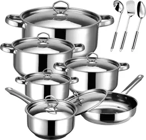 Cookware Set-15-Piece Stainless Steel Cookware Set, Including 6 Pots and Pans, 6 Lids and 3 Utensils, Fixed Handle, Induction Safe and Dishwasher Safe