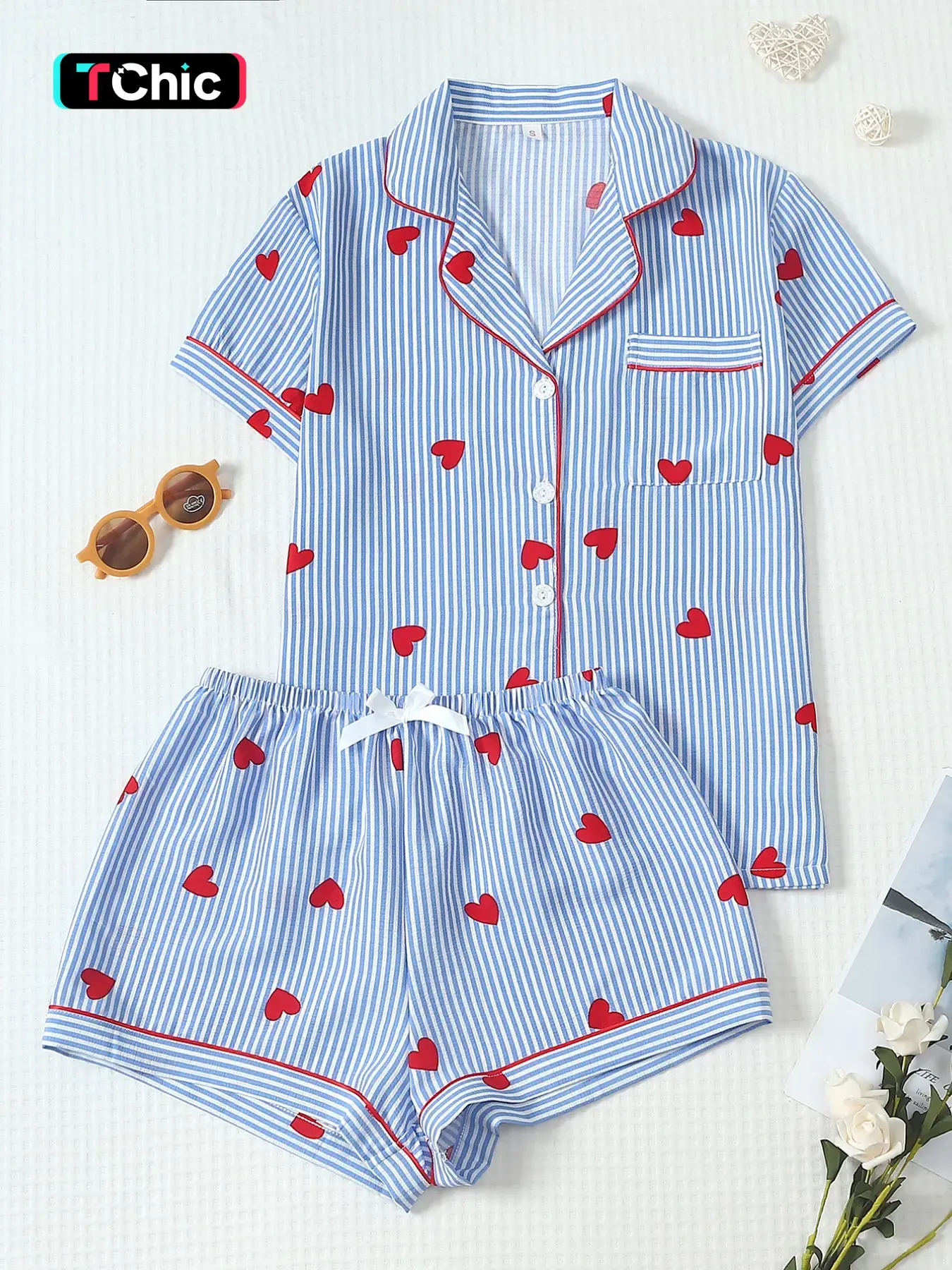Heart Stripe Printed Women's Pajama Set, Cute Pajama Sets, Feminine Cute Loungewear Nightwear, Heart Print Sleepwear, Sweet Collar Short Sleeve Top with Pocket, Bow Shorts, Casual Home Wear, Pyjamas, Homewear, Pjs
