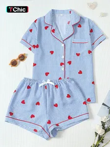 Heart Stripe Printed Women's Pajama Set, Feminine Cute Loungewear Nightwear, Sweet Collar Short Sleeve Top with Pocket, Bow Shorts, Casual Home Wear