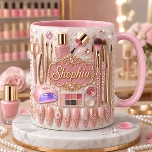 Custom Name Nail Artist Mug 2D Printed 3D Effect Pink Glam Coffee Cup, Personalized Manicurist Gift for Nail Technician Salon Owner, Premium Ceramic Mug for Beauty Professionals, Birthday Appreciation Gift Idea for Her Friends Mom Dad Coworker