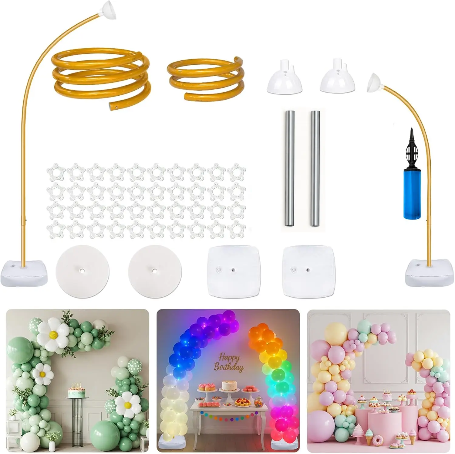 Balloon Arch Kit with 8.2FT-4.9FT Free Bending Half Frame, Base-Included Floor Gold Balloon Stand for Wedding, Birthday, Christmas Decorations