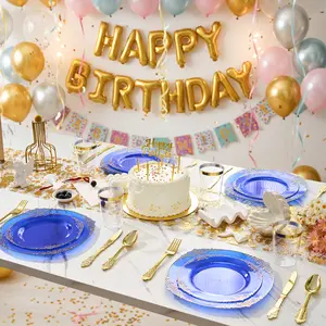 Vibrant Blue 350-PCS Disposable Dinnerware Set | Beautiful Lace Plates & Golden Cutlery | Perfect Birthday & Holiday Party Supplies #BirthdayParty #HolidaySupplies