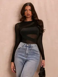 Women's Asymmetrical Long Sleeve Jumpsuit, Plain Round Neck Sheer Hollow Out Design, Elastic Stretchy Knit Fabric, All Seasons Wear, Elegant Style