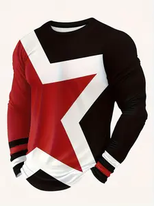 Men's Geometric Colorblock Long Sleeve T-Shirt, Spring & Fall Sportswear, Casual Fitted Round Neck Top, All over Print