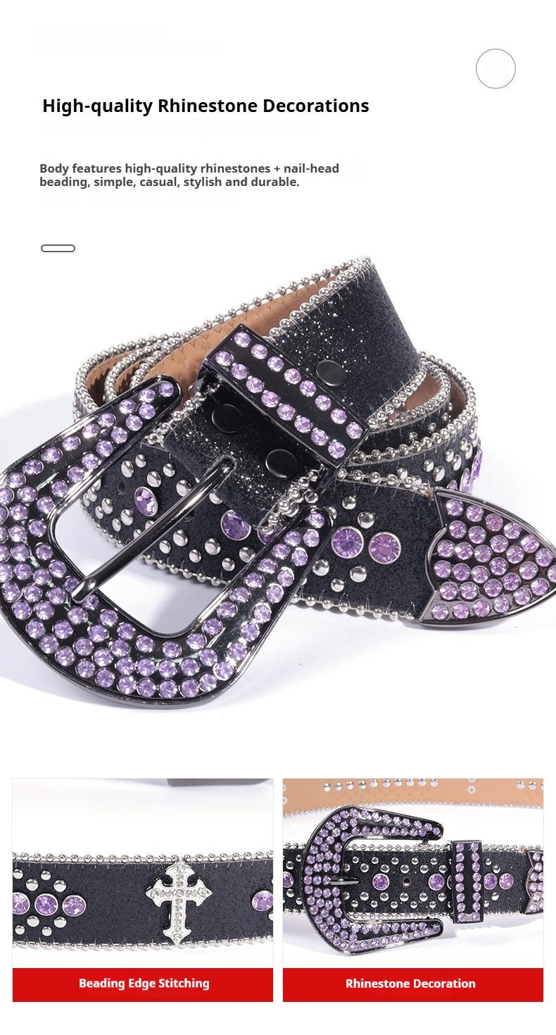 Unisex Crocodile Pattern Belt with Rhinestone Decorative Buckle Cross Pendant New Street Fashion Denim Belt Adjustable for Most Waist Sizes