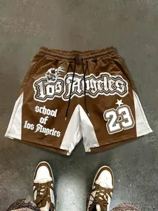 1pc Men's Brown Mesh Breathable Athletic Casual Shorts Vintage Los Angeles Graphic Print Streetwear Skull Flame & Number 23 Gym Basketball Shorts for Summer Outfits