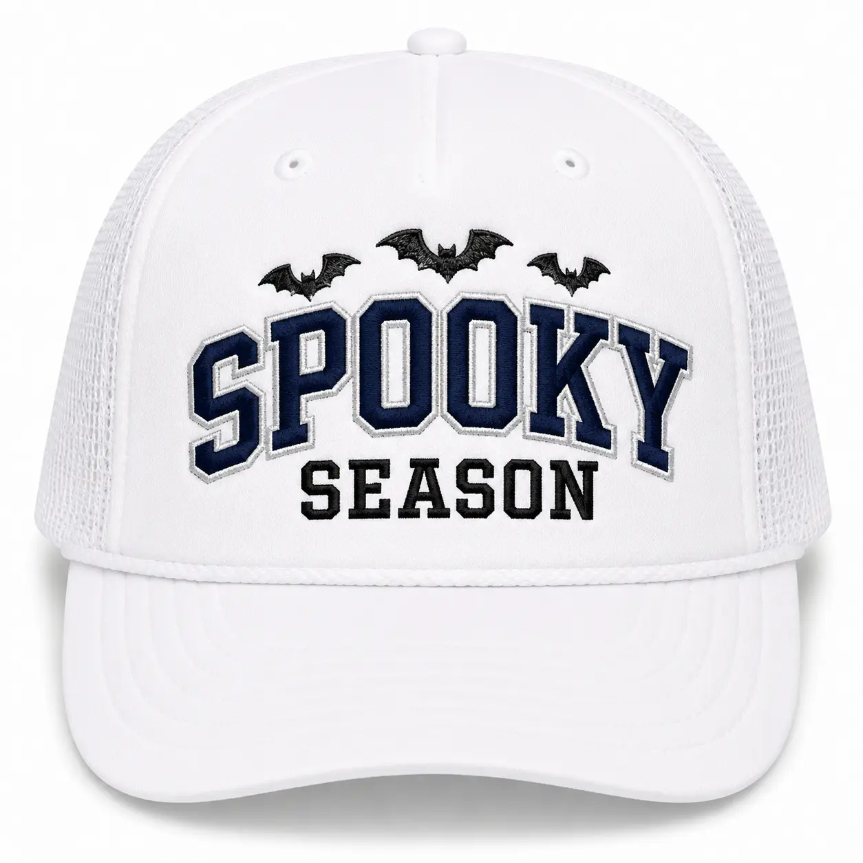 Spooky Season Retro Trucker Hat – Embroidered Bat Halloween Cap, Vintage White Foam Mesh Snapback, Unisex Halloween Hat