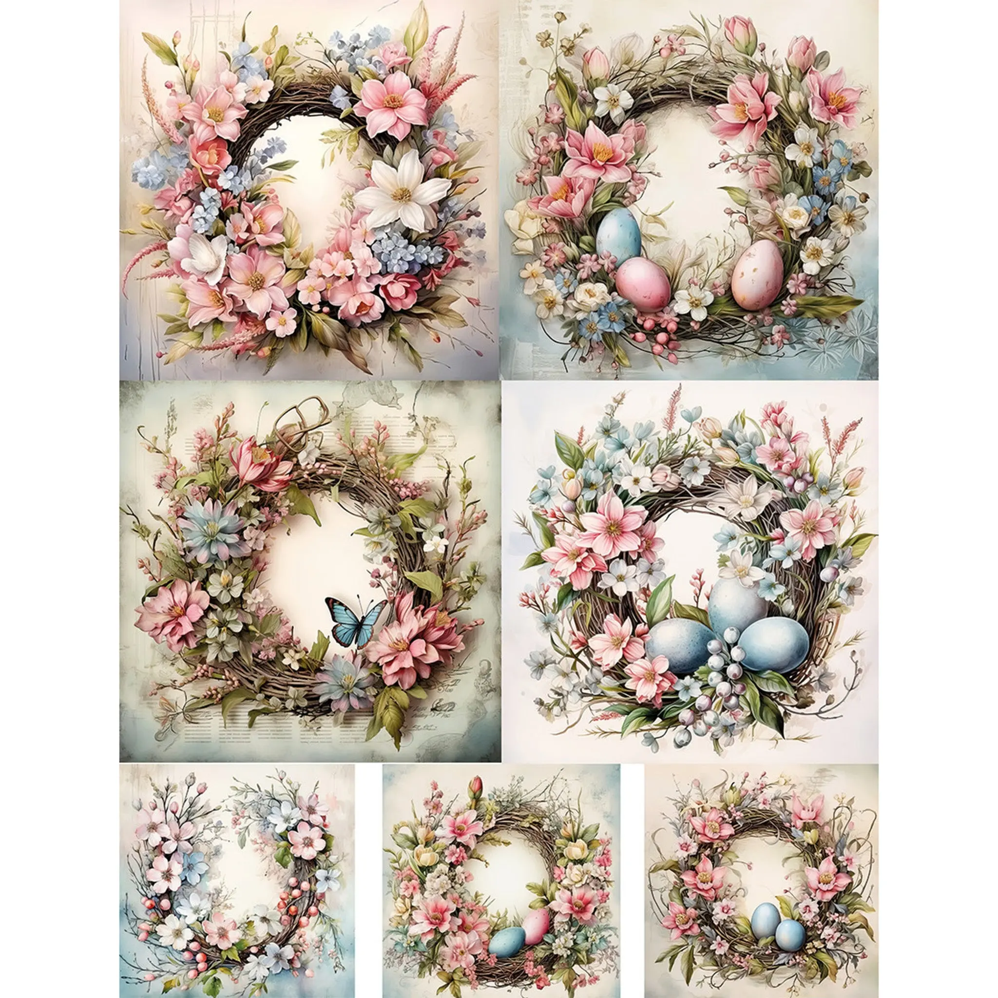 Calambour Italy - Easter Florals Decoupage Paper (A3 Size, Set of 7 Designs)