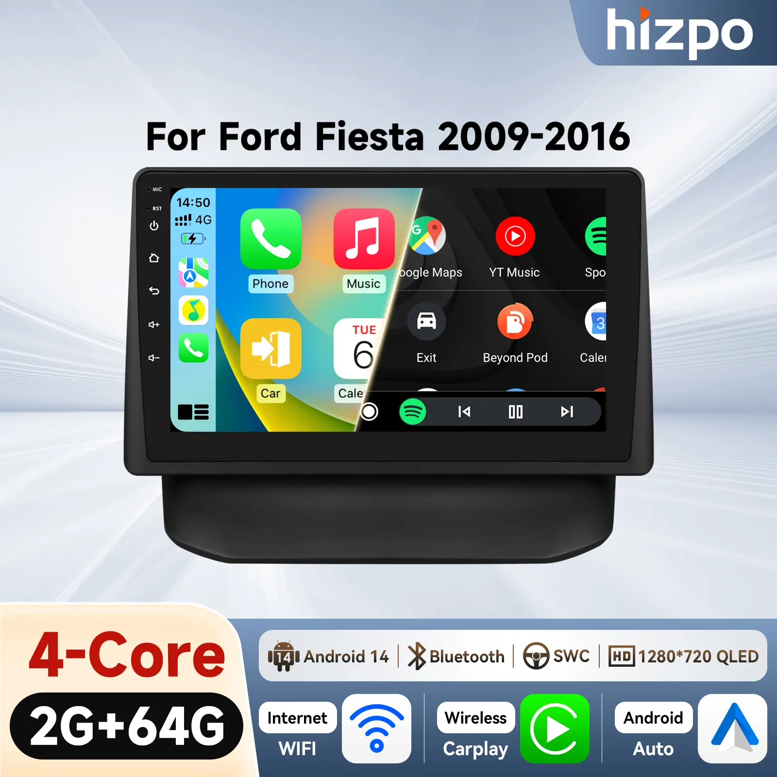 GPS Touch Screen Car Stereo Replacement Unit for Ford Fiesta 2009-2016 (with PASS AIRBAG OFF Button Only), Upgraded Wireless CarPlay, Factory Look, Plug-and-Play, Airbag Button