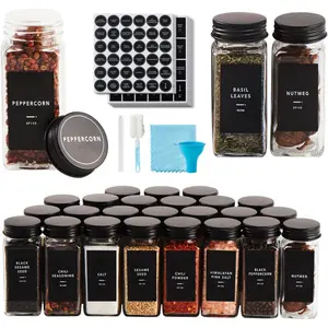 25 Pcs Spice Jars with Label- Glass Spice Jars with Black Metal Caps,Shaker Lids, Funnel, Chalk Pen, Brush,Cleaning Cloth 4oz Seasoning Containers Bottles for Spice Rack, Cabinet, Drawer