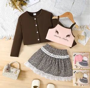 Toddler Girls 3-Piece Leopard Skirt Outfit, Button Cardigan and Graphic Cami Set (4-7Y)Ready Stock 152506004