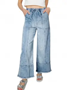 Shewin Summer Outfit Women's Drawstring Elastic Waist Wide Leg Jean - Patchwork Seam Frayed Cuff Hem Casual Denim Pant for Daily Outings   DealsForYouDays