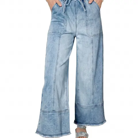 Shewin Women's Oversize Summer Loose Wide Leg Jeans - Drawstring Elastic Waist, Patchwork Seam, Frayed Cuff Hem, Fade-Resist Denim Bottom Pants for Women, Daily Outings, Back to School Shopping DealsForYouDays