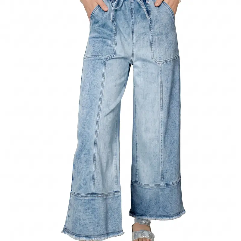 Shewin Women's Oversize Summer Loose Wide Leg Jeans - Drawstring Elastic Waist, Patchwork Seam, Frayed Cuff Hem, Fade-Resist Denim Bottom Pants for Women, Daily Outings, Back to School Shopping DealsForYouDays