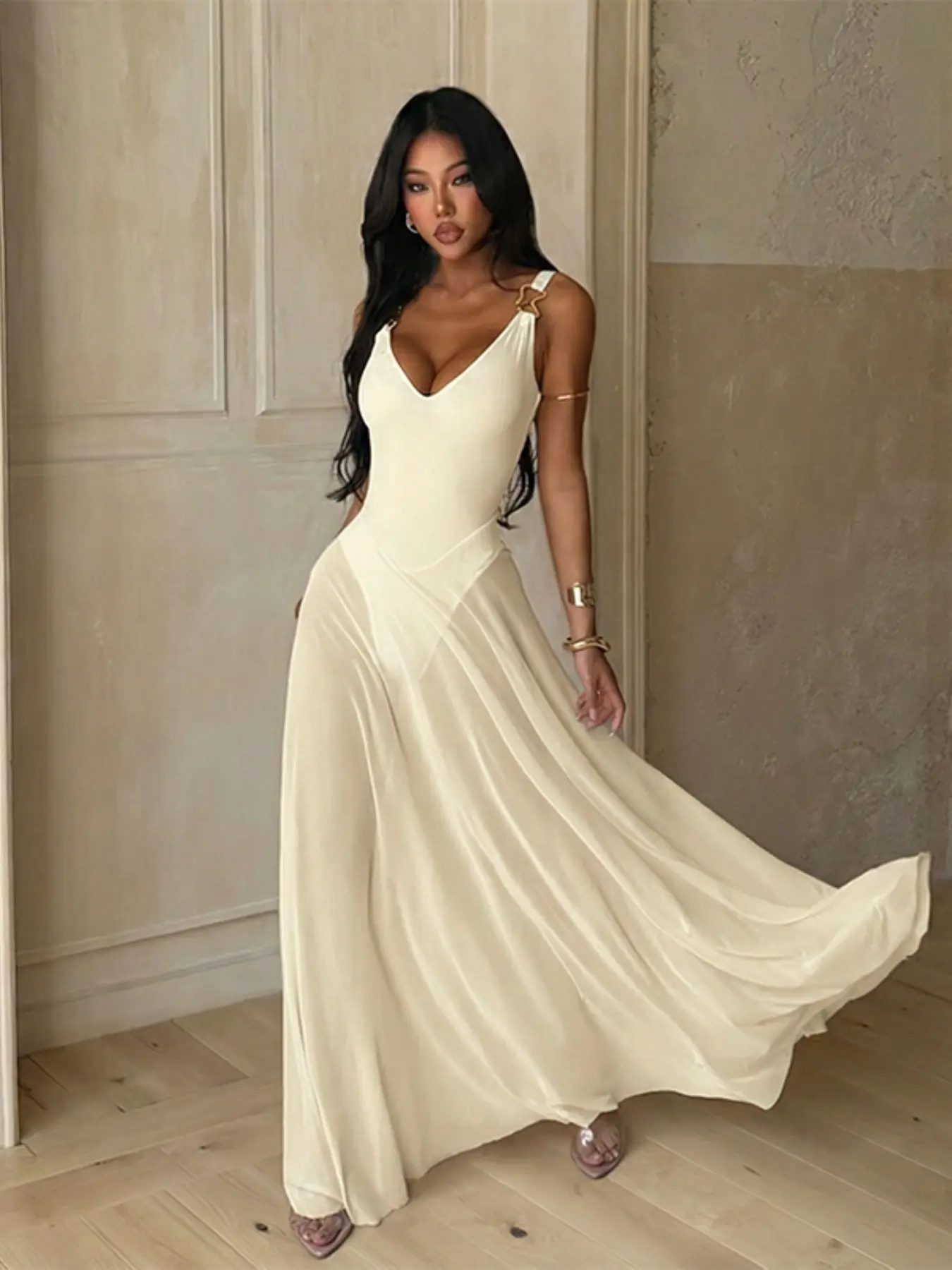 Women's Plain Minimalist Deep V Neck Tulle Sheer Cami Lightweight Fit Dress,  Elegant Chic Sleeveless Maxi