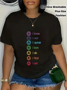 Women's Seven Chakra Yoga T-Shirt with 7 Chakra Symbols and Affirmations- Glossy Surface Round Neck Short Sleeve Top, Suitable for Meditation, Spiritual Practice, Casual and Special Events- Machine Washable and Dry Cleanable- Spring Summer Comfort