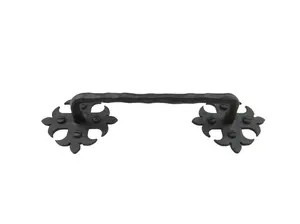 Rustic Spanish Fleur De Lis Cross Hammered Round Iron Cabinet Pull 6 inch HPBH6