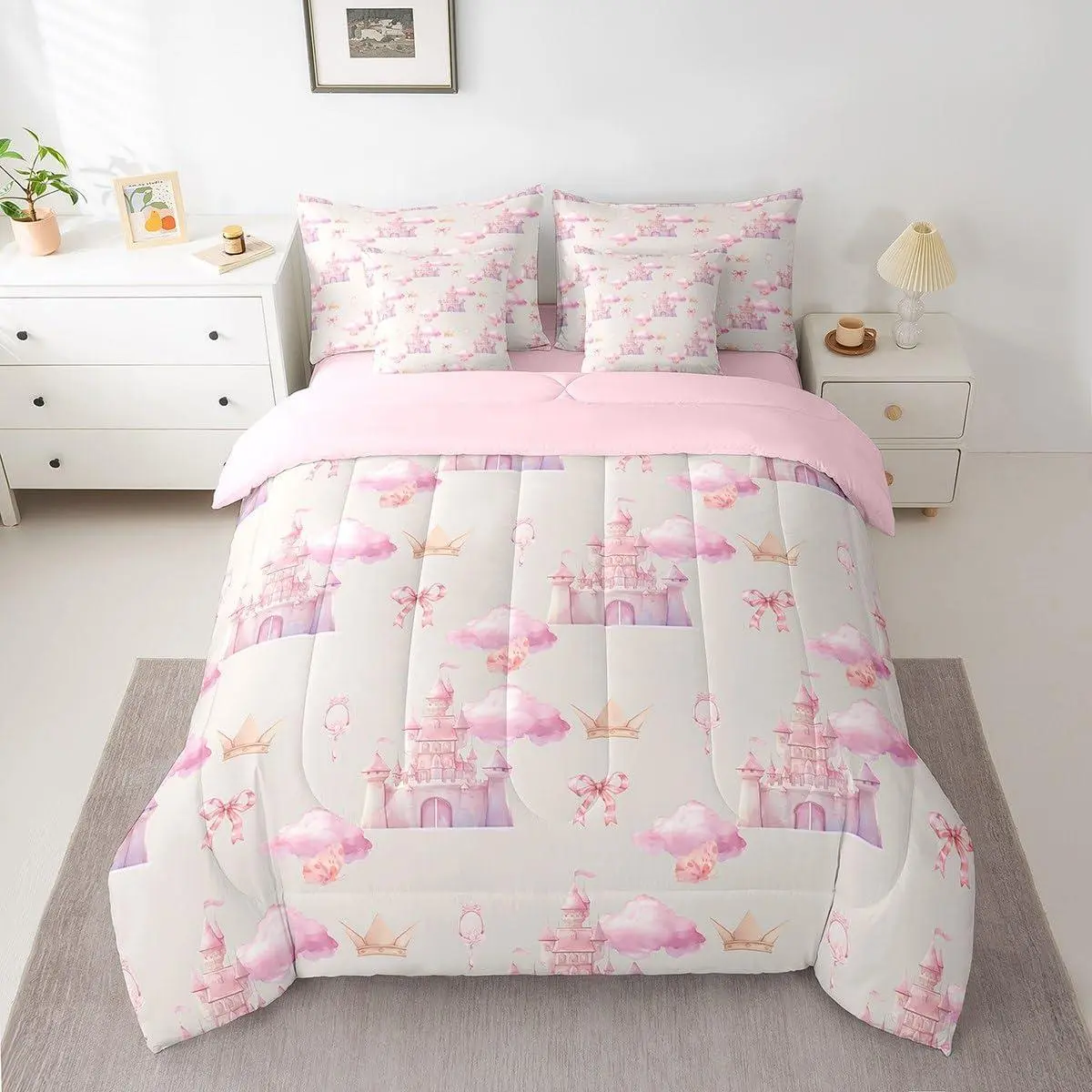 7 Pieces Cartoon Castle Comforter Set,Pink Clouds Bow Crown Bedding Set,Fairytale Princess Bed in A Bag with Comforter,Sheets and Pillowcases,Kids Girls Women Room Decor,Soft