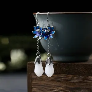 Elegant Enamel Floral & Peacock Dangle Earrings: Vintage Charm Jewelry Collection
