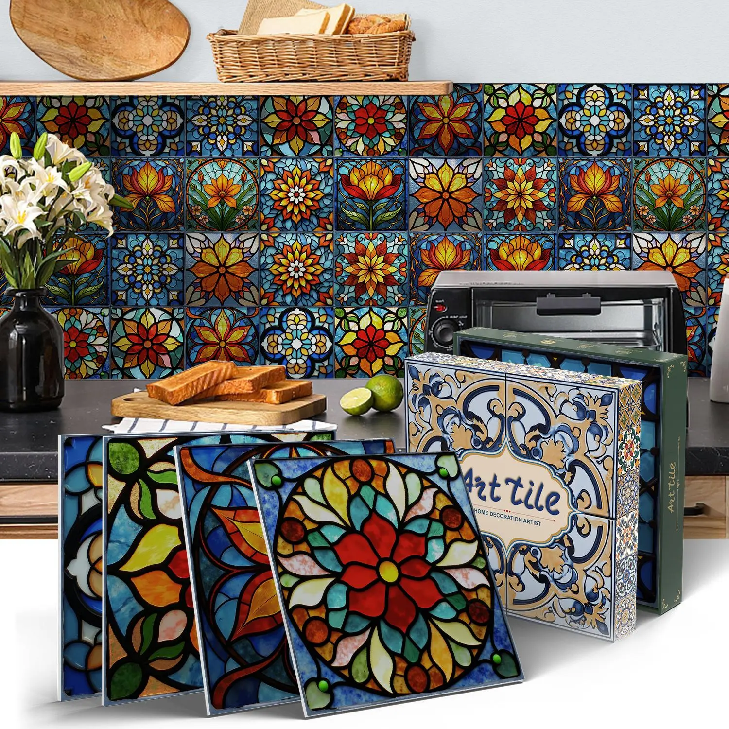 12/24 Pieces Of Colored Glass Flower Decorative Wallpaper, Self-Adhesive Detachable Wallpaper, Peel And Stick Wallpaper Floral, Crystal Vinyl Waterproof Wallpaper, Suitable For Decorating Living Rooms, Cabinets, Kitchens, And Bathrooms, 5.91 * 5.91 Inches
