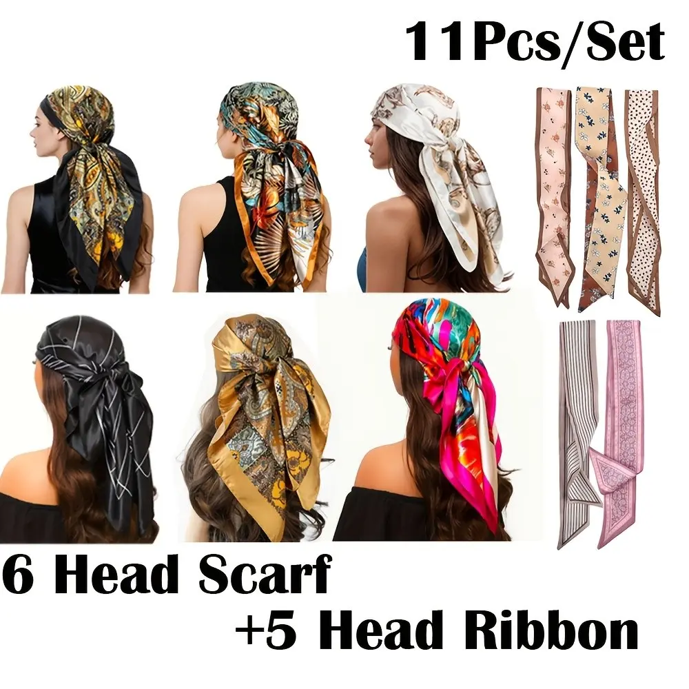11pcs/Set 35.43" X 35.43" Elegant Flower Printed Square Scarf And 5 Necklaces - Luxury Polyester, Stylish Thin Headband with Bow Tie Design, Perfect for Beach & Outdoor Use, Versatile for Men & Women, Beach Accessory, Lightweight Fabric