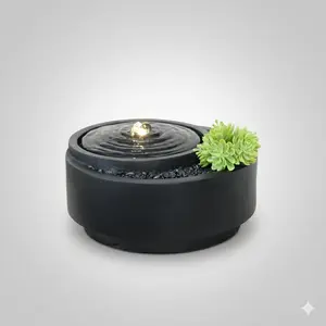 Tankana Round Mini Indoor Resin Water Feature - Decorative Creative Home Decor with Faux Plant, Quiet Pump, LED Light, ASMR Sleep Aid for Home, Office