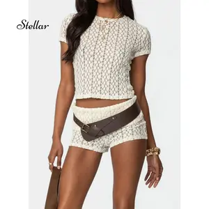 Women Summer Two Piece Sheer Textured T-shirt + Sheer Stretch Shorts  Daily Ladies Streetwear