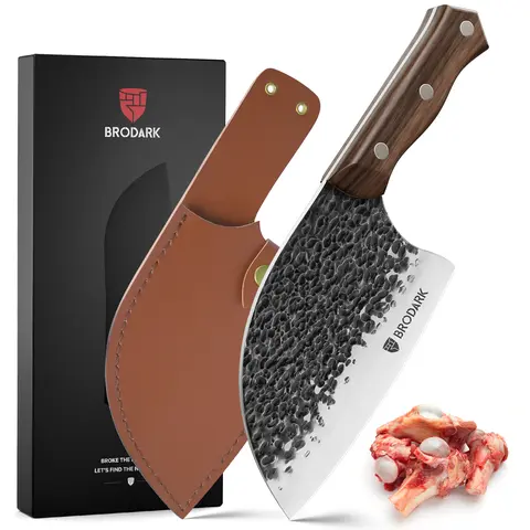 Brodark Serbian Chef Knife Bundle - High Carbon Alloy Steel Kitchenware with Small Meat Cleaver, Wooden Handle, Leather Sheath, Heavy-Duty Blade Sleeve for Precision Cutting, Steak Prep, Home & Camping