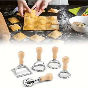Ravioli Maker Stamp Cutter with Roller Wheel Set Pasta Maker Mold with Wooden Handle and Fluted Edge Ravioli Cutter and Press Stamp for Pasta Dumplings Lasagna Pierogi Kitchen Round