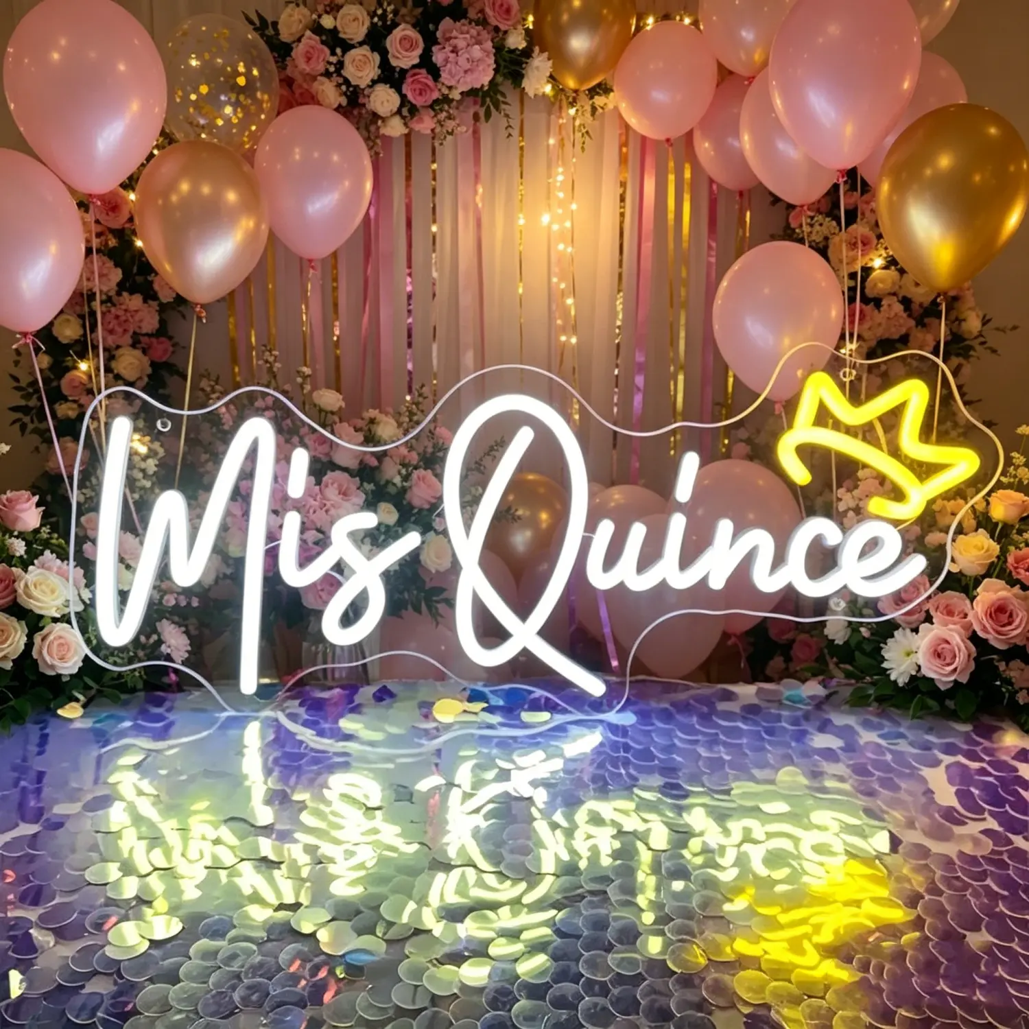 Mis Quince Neon Light Sign for Quinceañera Backdrop Decor LED Neon Crown Sign Sweet 15 Birthday Party Favors Wall Decor