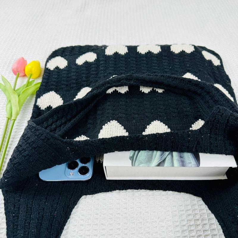 Fashionable Women's Handbags, Love Heart Pattern Crochet Shoulder Bags, Soft Knitted Handbags with Sweet Weaving Details, Daily Casual Accessories, Perfect for Dating, Shopping and Traveling