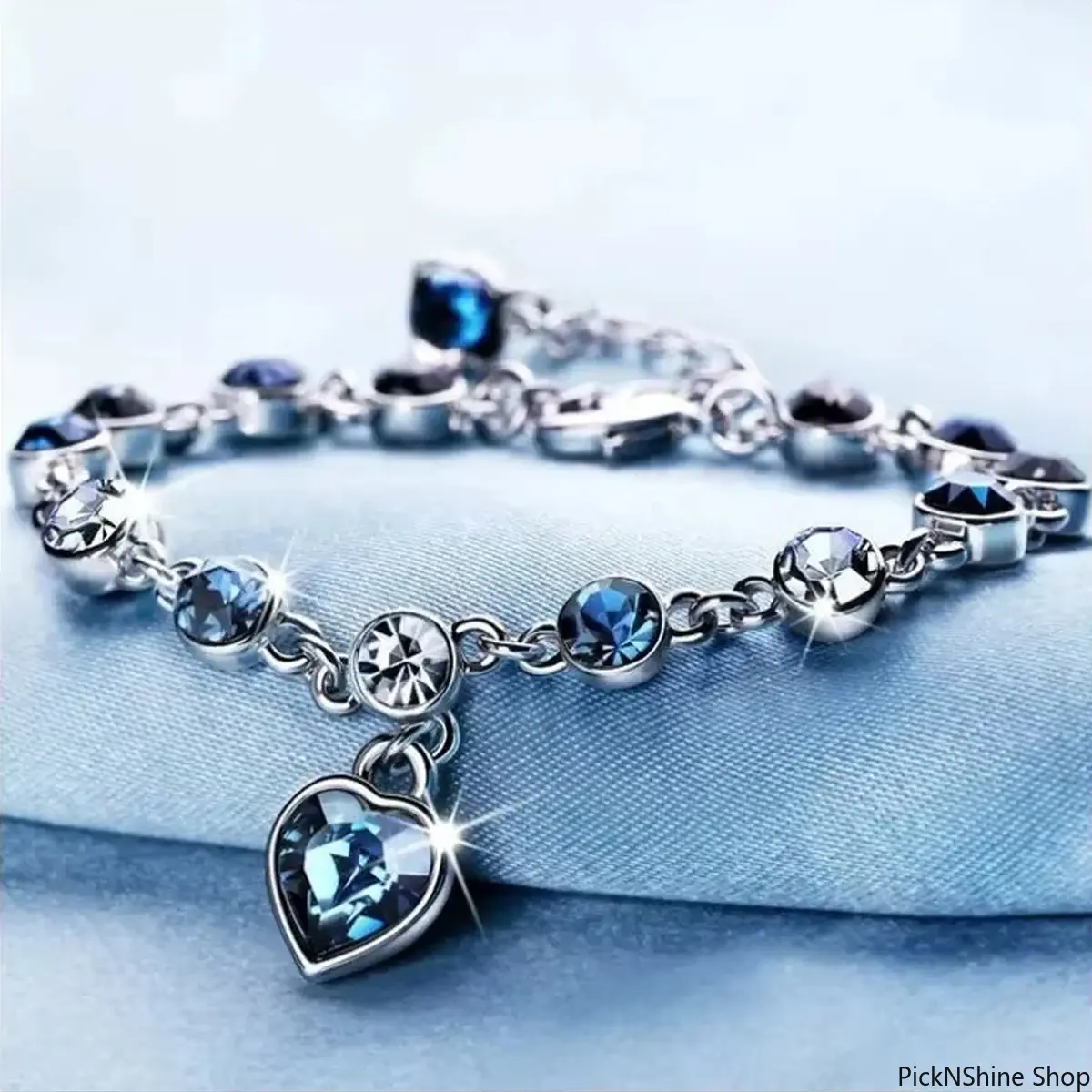 Silver-Tone Heart Bracelet for Women, Elegant Dainty Jewelry with a Blue Crystal Charm for Bridal, Wedding, or Engagement, Heart Bracelets, Wedding Wear, Chain Link, Silver Charm Bracelet
