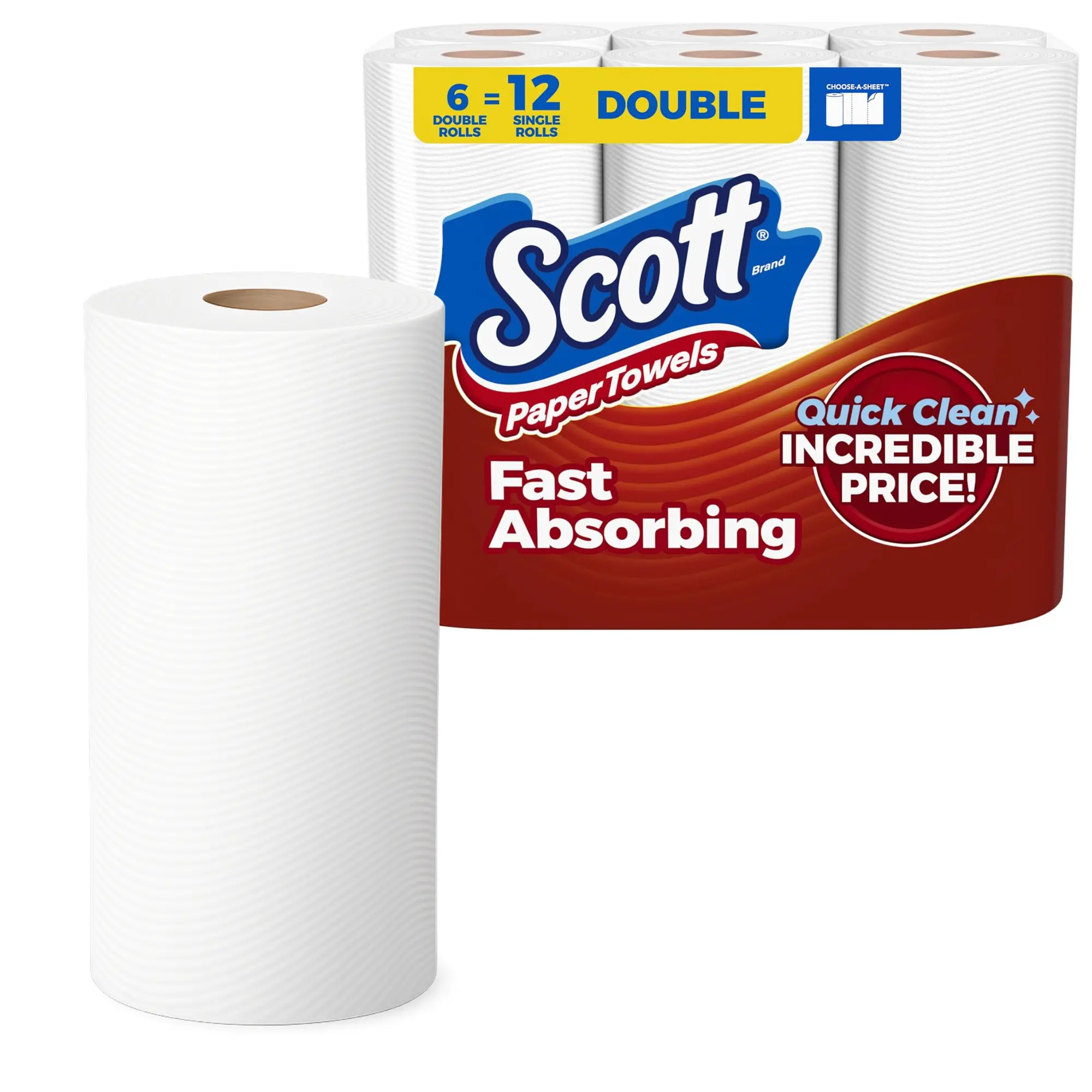 Scott Paper Towels, Choose-A-Sheet, 6 Double Rolls = 12 Regular Rolls (108 Sheets Per Roll)