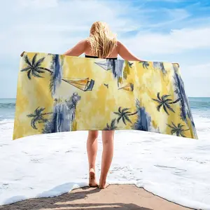 Microfiber Beach Towel for Adults - 31x61 Inch Sand Free Oversized Towel, Quick Dry & Super Absorbent Travel Towel, Yellow & Blue Palm Tree Sailboat Tropical Print Lightweight Large Bath Towel for Swimming, Pool, Gym, Yoga, Camping, Cruise Essentials