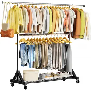 Heavy Duty Clothes Rack Load 600 LBS, Double Rod Clothing Rack, Rolling Garment Racks with Lockable Wheels, Shelves, Adjustable Laundry Hanging Racks for Clothes