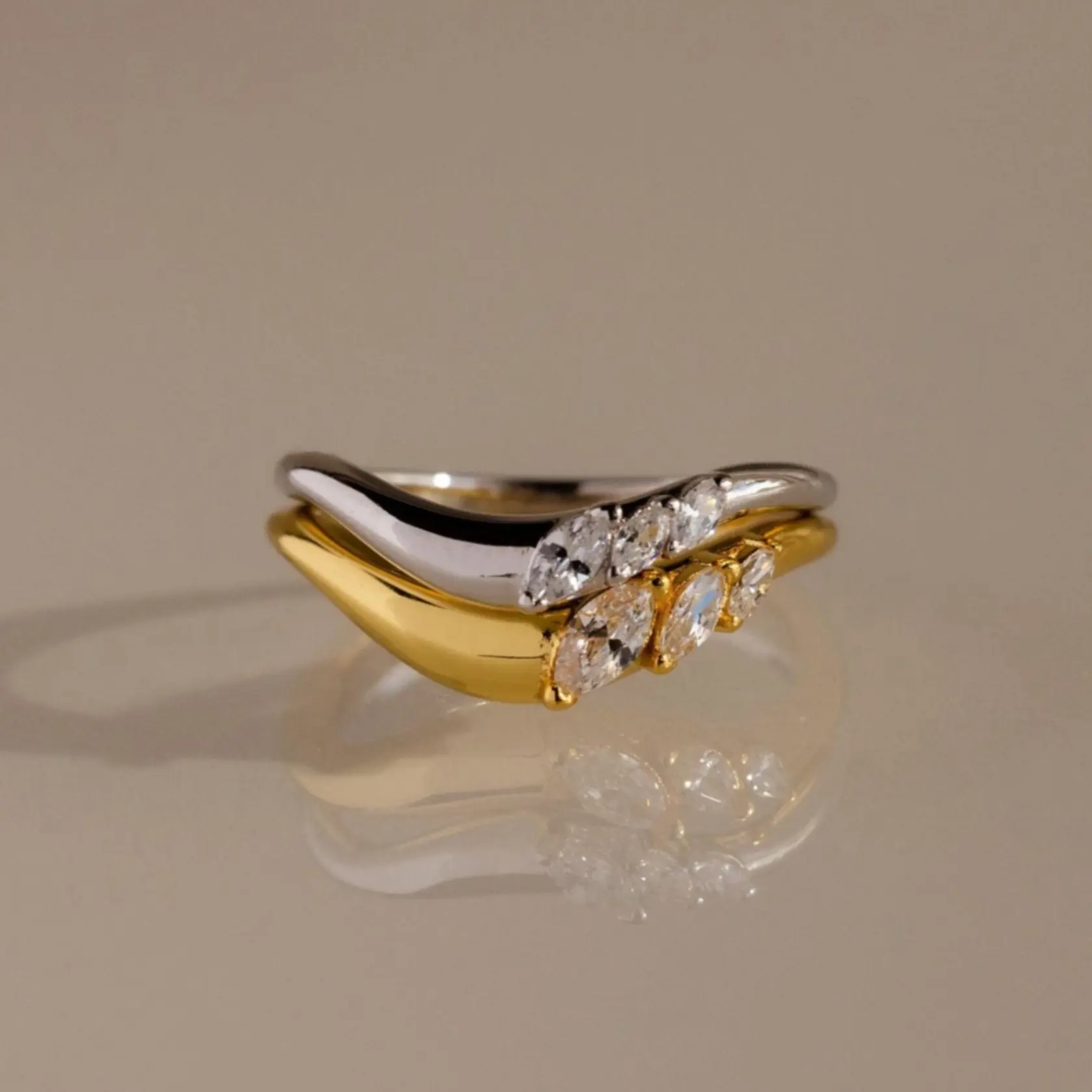 Mixed Metal Diamond Curve Ring Set by Caitlyn Minimalist - Set of 2 Curved Marquise Dome Rings in Gold & Silver - Trendy Mixed Metal Jewelry - Birthday Gift