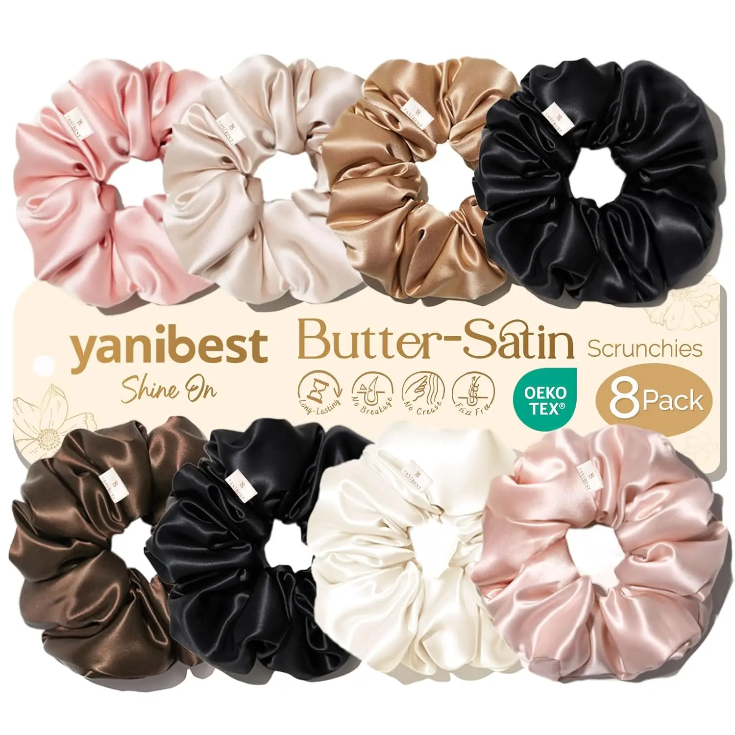 Yanibest 8 Pcs Satin Scrunchies - Silk Feeling Scrunchies Ponytail Holders | No Damage Frizz Free Soft Satin Hair Ties, Hair Accessories for Women Work Home Sleep Workouts